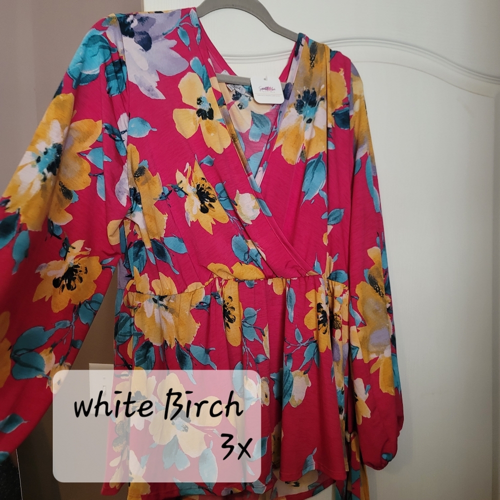 White Birch Pink Floral Wrap Top